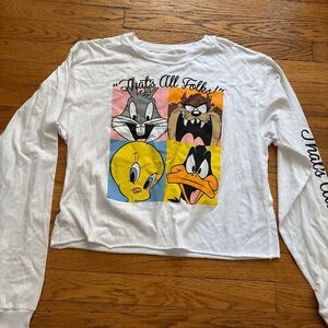 Looney Tunes Woman's White Long Sleeve Graphic Crew Neck Cropped Top Size Small